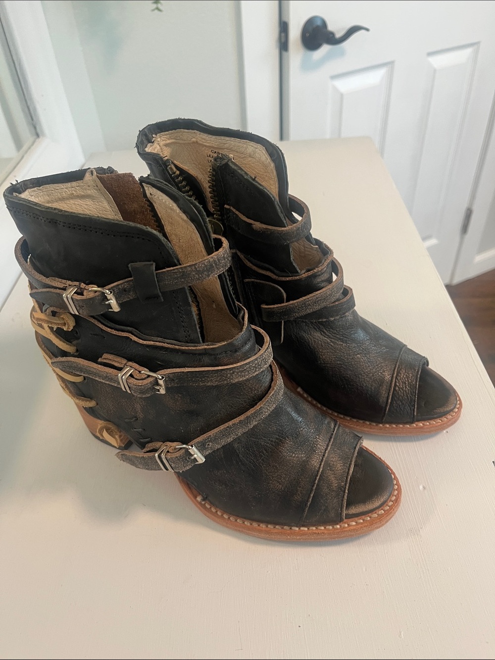 Freebird Black Leather Open-Toe Strappy Ankle Heeled Boots